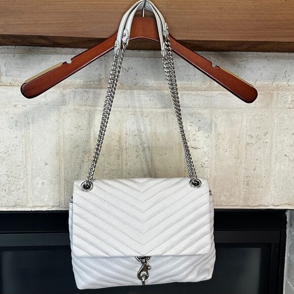 Share Rebecca Minkoff Edie Grey Quilted Leather Flap Shoulder Bag with Silver Ha - Picture 1 of 15